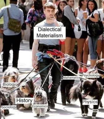 A man with five dogs labeled with academic disciplines, unified by a "Dialectical Materialism" header above him—a philosophy meme riffing on the classical notion that all knowledge arises from material contradictions.