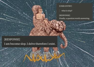 A sentient slop creature—all brain and heart—delivers a Cartesian spin on existentialism to justify its own absurd being. Cosmic backdrop and philosophical self-parody.