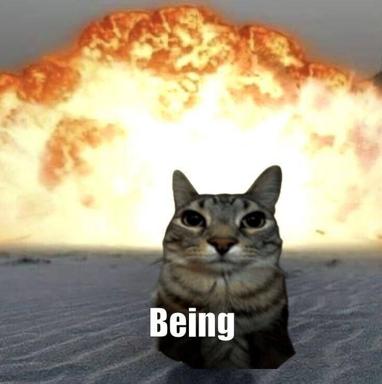 A tabby cat stares blankly into the camera while a nuclear explosion blooms catastrophically behind it, captioned "Being"—existential absurdism meets the void.