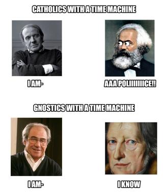 A two-panel philosophical meme contrasting Catholic faith ("I am") with Gnostic knowledge ("I know") through reactions of historical figures, one edited with cartoon eyes.