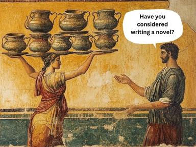 Roman fresco scene remixed with modern writing-culture joke: a servant balancing pottery vessels is asked if she's considered writing a novel.