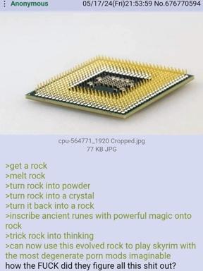 A CPU chip photographed in 3D rendered style, paired with an escalating series of absurdist instructions for alchemical transformation, culminating in a frustrated question about gaming mod compatibility.