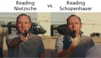 Philosophical temperaments compared: Nietzsche's aggressive Will to Power vs. Schopenhauer's pessimistic suffering—two modes of reading that destroy the soul differently.