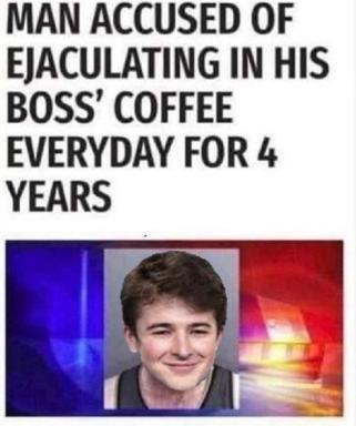 A deadpan news-style macro accusing someone of an absurd workplace transgression, layered over a portrait with emergency-light effects.