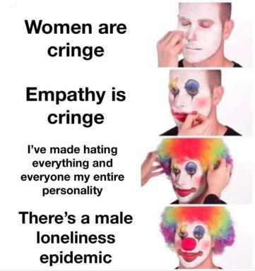 A four-panel escalation: cynicism and misanthropy framed as increasingly enlightened worldviews, culminating in the "clown" persona and a conspiracy-tinged blame.