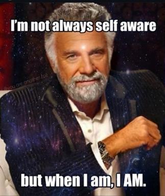 Self-awareness paradox: a bearded man in formal attire against a cosmic background, presenting the contradiction of unconscious self-reflection.