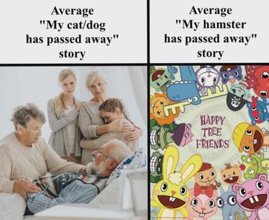 Pet death announcements: family grief (left) meets Happy Tree Friends chaos (right) — a contrast-joke on how we calibrate mourning to pet species