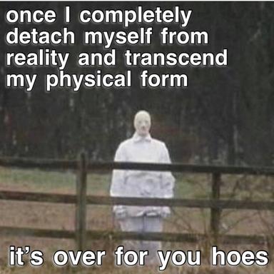 A ghostly white-clad figure beyond a fence in dark woods, pairing transcendence mysticism with aggressive finality—dissociative dark humour.