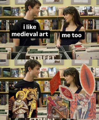 Two strangers bond over liking medieval art in a bookstore; their t-shirts reveal the punchline—his is authentic Byzantine iconography with saints and halos, hers a vibrant medieval manuscript narrative scene. The gap between casual taste and genuine deep-dive aesthetic commitment, made visual.