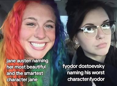 Jane Austen vs. Dostoevsky on character-naming: Austen's heroines like Elizabeth Bennet embody grace, while Dostoevsky's Fyodor is famously flawed—a literary irony rendered as opposing emotional temperatures.