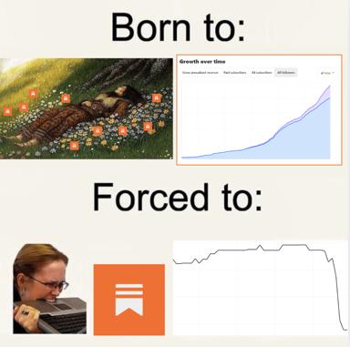 Substack creator burnout: pastoral "born to grow" vs. cliff-dive analytics reality of forced audience maintenance