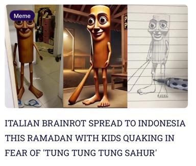 Three-panel evolution of a golden sausage creature from wooden toy to CGI render to sketch, captioned as Italian brainrot spreading to Indonesia with kids fearing a Ramadan-related character.
