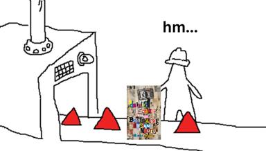 A minimalist pen-line drawing of a dystopian interior collides with a photograph of a "Deleted Scenes from a Bestselling Japanese Novel" book cover, juxtaposing anguished figures and red triangular shapes in a deadpan joke about literary disappointment.