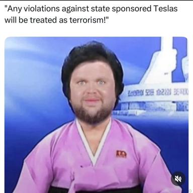 Absurdist meme: a North Korean state TV anchor announces that "any violations against state sponsored Teslas will be treated as terrorism" — corporate protection as authoritarian doctrine.