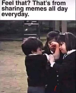 A reaction image showing four people in dark schoolwear laughing together, captioned about meme fatigue from constant sharing.