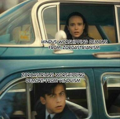 Two-panel film meme: religious comparison joke juxtaposing Hinduism and Zoroastrianism via a distracted-boyfriend-style car scene reversal.