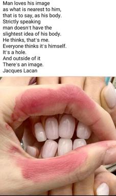 Lacan quote on embodiment and the imaginary paired with a visceral close-up of an open mouth—a meme about the void between body and image.