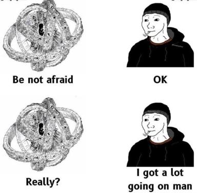 Existential anxiety meme: reassurance meets the reality of modern overwhelm, told through intricate chaos versus deadpan acceptance.