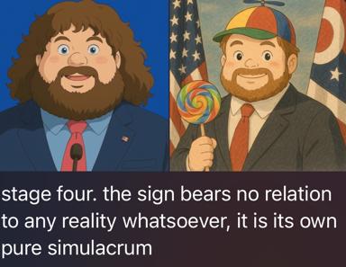 Two-panel meme contrasting a corporate figure (left) with a candy-holding caricature (right) over a Baudrillard quote on simulacra and hyperreality — political satire about performance vs. substance.