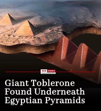 A fake-news meme compositing a colossal Toblerone bar over aerial Giza pyramids, captioned by Waterford Whispers News as a discovery buried beneath the monuments.