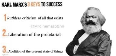 A Marx self-help parody listing three tenets of "success" drawn from his revolutionary philosophy, paired with a nineteenth-century portrait.
