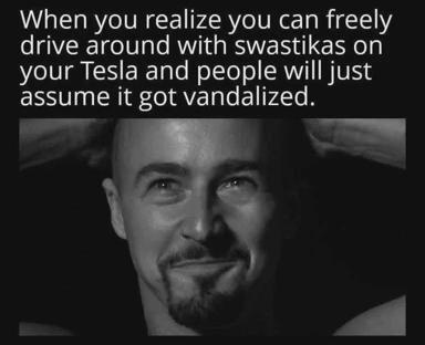 Dark humor: clever hack to disguise a Tesla's appearance as vandalized by adorning it with sacred swastikas—people assume damage, not decoration.