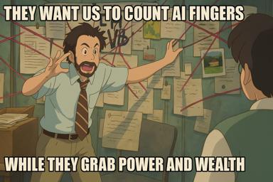 Office worker surrounded by evidence-board chaos warns that while we're distracted counting AI fingers, real power and wealth are being consolidated elsewhere.
