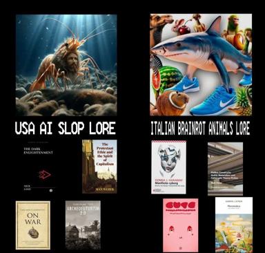 Two-panel comparative meme: "USA AI slop lore" (Lovecraftian cosmic horror) vs "Italian brainrot animals lore" (maximalist shoe-wearing animals); books below anchor the joke in high theory and philosophy