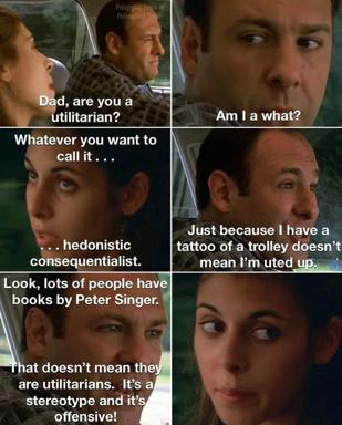 A father and child debate utilitarianism and stereotypes in a four-panel reaction meme; the child's academic jargon fails to escape the dad's common-sense rebuttal about Peter Singer books as signifiers.