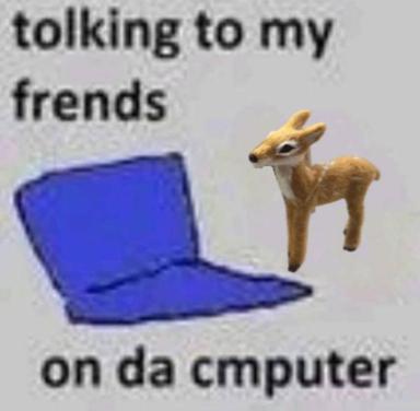 A 3D-rendered young deer stands beside an open blue laptop, whimsical illustration of online solitude and social disconnection.