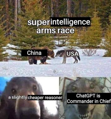 Meme depicting geopolitical AI competition as two wolves in confrontation, with absurdist commentary on ChatGPT's role