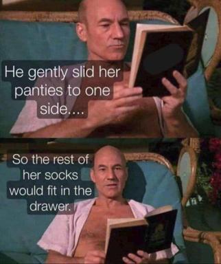 A two-panel meme about clever organization using absurdist logic, drawn from a TV scene of a man reading.