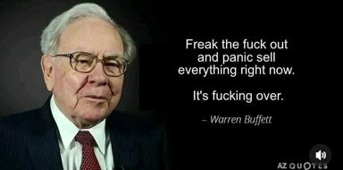 A quote-meme misattributing panic-selling advice to Warren Buffett, using a formal photograph of an older man in glasses and pinstriped suit.
