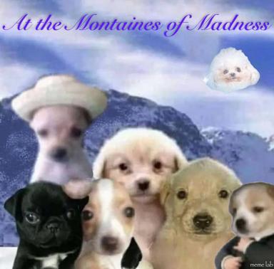 Mountain-expedition family portrait of digitally-enhanced dogs with one cloud also turned into a dog—surreal, deadpan, unexplainable commitment to dogs-everywhere absurdism.