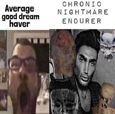 A grid of low-res horror and distorted faces paired with the phrase "average good dream haver" and the label "chronic nightmare endurer"—a deadpan commentary on sleep quality via grotesque visuals.