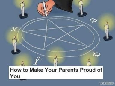 A pentagram-drawing ritual presented as a wikHow guide to pleasing your parents — dark magic repackaged as life advice.