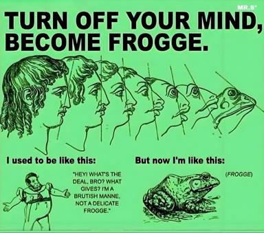 Humorous before-and-after of personality devolution: from outgoing guy to contemplative frog, visualised via phylogenetic profile-view chart.