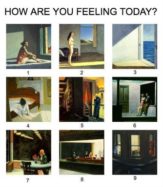 A nine-panel mood meter using canonical Realism paintings of solitude—Hopper, Freud, and peers—to ask which emotional state matches yours today.