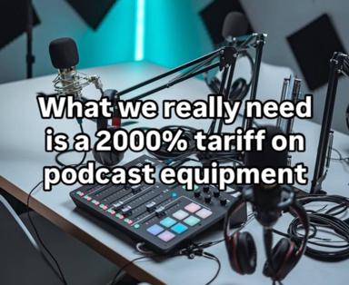 Podcast setup with neon studio lighting; a commentary on tariffs impacting equipment costs.