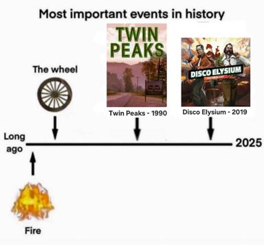 A timeline meme equating foundational human technology with cult TV series and indie video games as equally significant historical events.