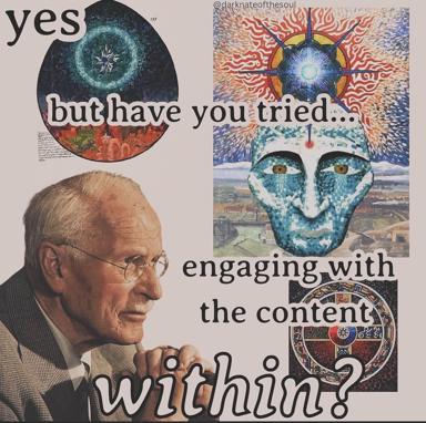 Surrealist collage asking "but have you tried engaging with the content within?" — a wry jab at dismissing esoteric/psychedelic material without actually reading it, set against cosmic eye imagery and an elder philosopher's portrait.
