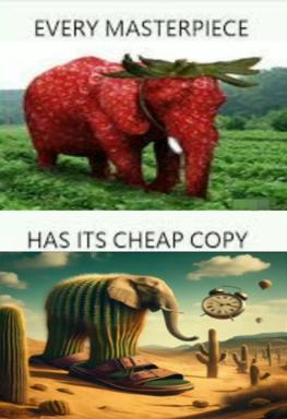 Two-panel visual commentary on original vs. imitation: a strawberry elephant meets its desert-saguaro parody.