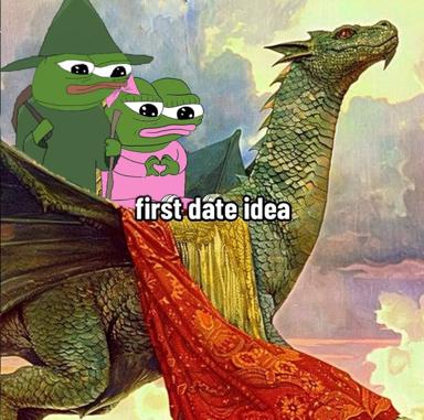 Pepe the Frog in wizard drag makes an unironic heart gesture at a classical oil-painting dragon—absurdist romance meme mixing meme-culture aesthetics with Romantic-era fantasy painting.