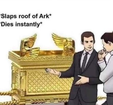Salesmen marvel at a golden Ark as caption warns: instant divine death for touching holy relics. A clash of car-salesman hype and biblical wrath.