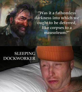Existential quote on a romantic painted portrait meets sleeping person in a beanie: deadpan deflation of philosophical grandeur via domestic banality.