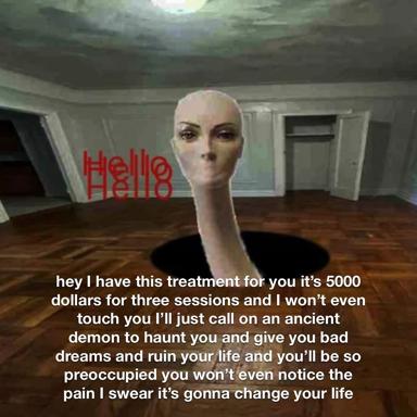 Surreal 3D render of an unnaturally elongated mannequin offering demonic haunting as a therapeutic treatment — dark satire on wellness culture.