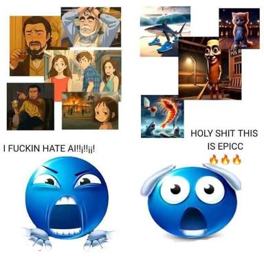 Anime reaction macro: left shows frustrated characters rejecting AI, right displays stunning AI-rendered animation — a self-aware contradiction expressed through exaggerated blue emotion balls.