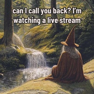 A wizard absorbed in a forest stream becomes unavailable for calls — the ultimate fantasy excuse for ignoring your phone.