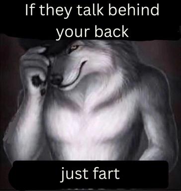 Neoclassical male figure in distress; text advice to respond to gossip with flatulence. Absurdist meme pairing high art with crude humor.