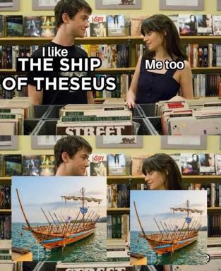 Meme about the gap between loving abstract philosophy and confronting its literal reality: two people claim to like the Ship of Theseus, then reveal identical photos of the actual ancient vessel.